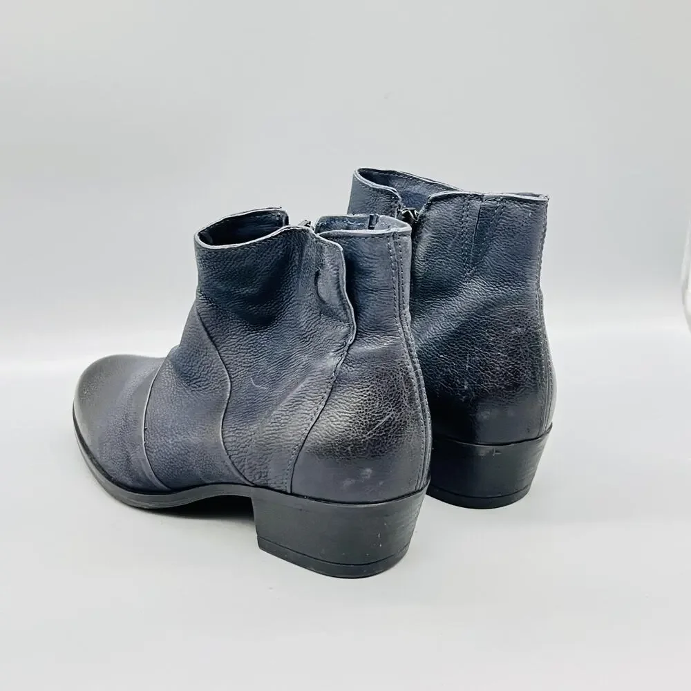 Miz Mooz Boots Womens 7.5 Blue Leather Ankle Zip Low Block Heel Booties Shoes
